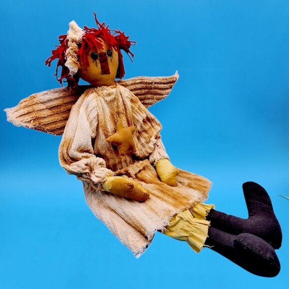 1990s Primitive Shabby Angel Rag Doll Red Yarn Hair Rustic Christmas Decor - Picture 4 of 10